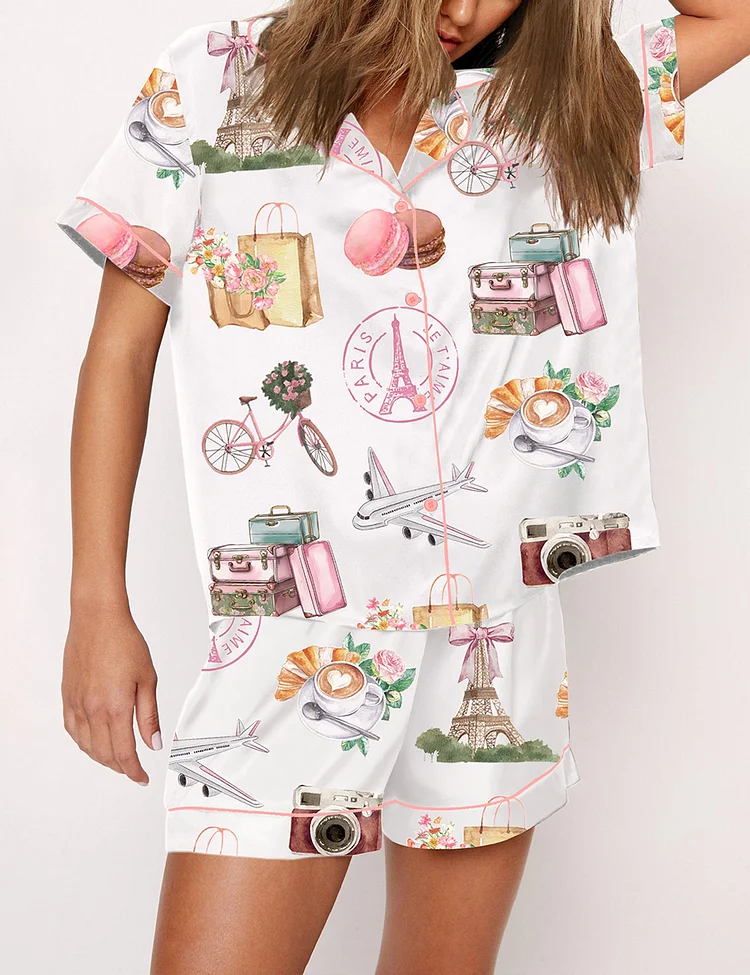 Women’s Paris France Girls Trip Family Vacation Summer Travel Short Sleeve Satin Pajama Set