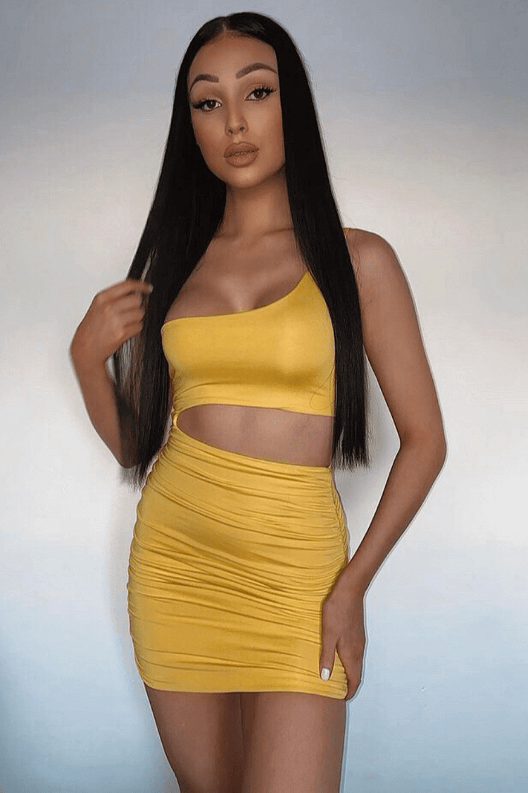 Yellow One Shoulder Cut Out Mini Dress  - Waverly Katch Me