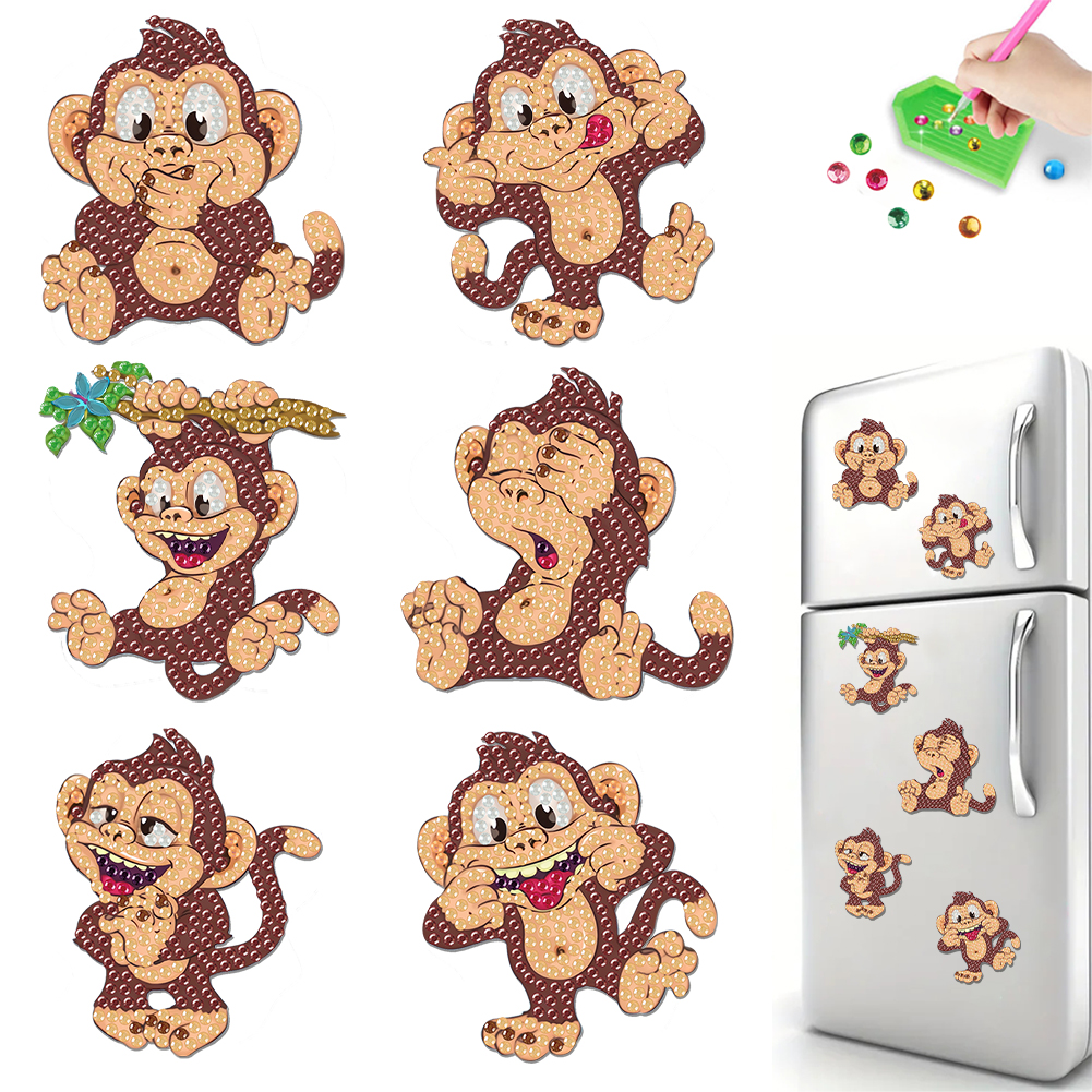 6Pcs Acrylic Funny Monkey Diamond Painting Fridge Magnet for Adults Beginners