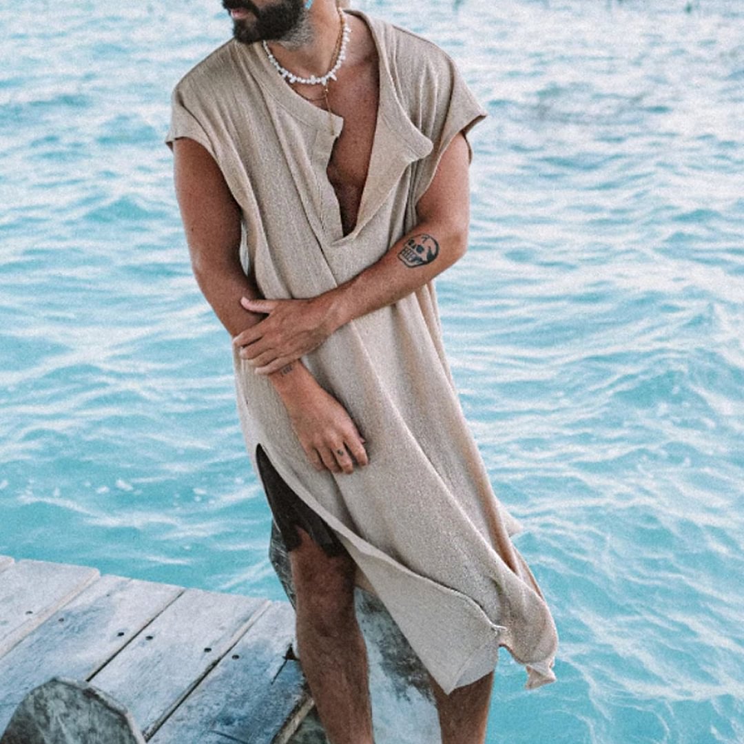 Men's Linen Holiday Long V-Neck Shirt-inspireuse