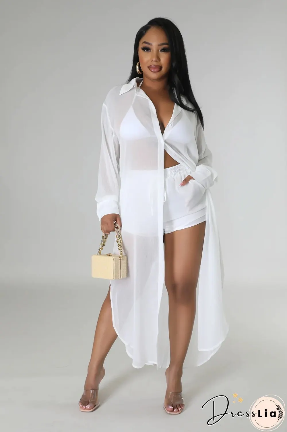 Long Sleeve Chiffon Shirt Dresses+Shorts Two Piece Set