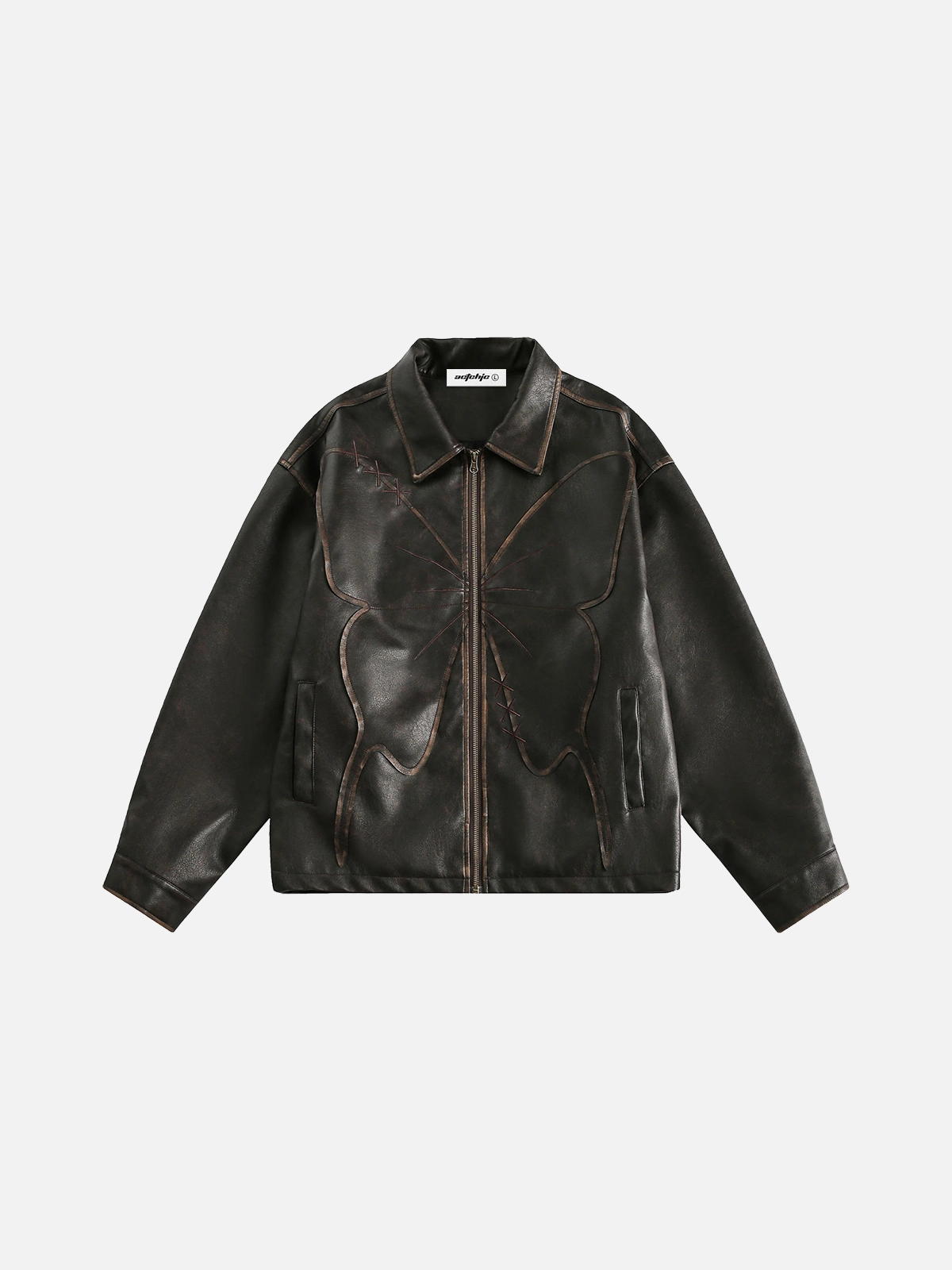 Brown Act Chic Vintage Butterfly PU Leather Jacket Front