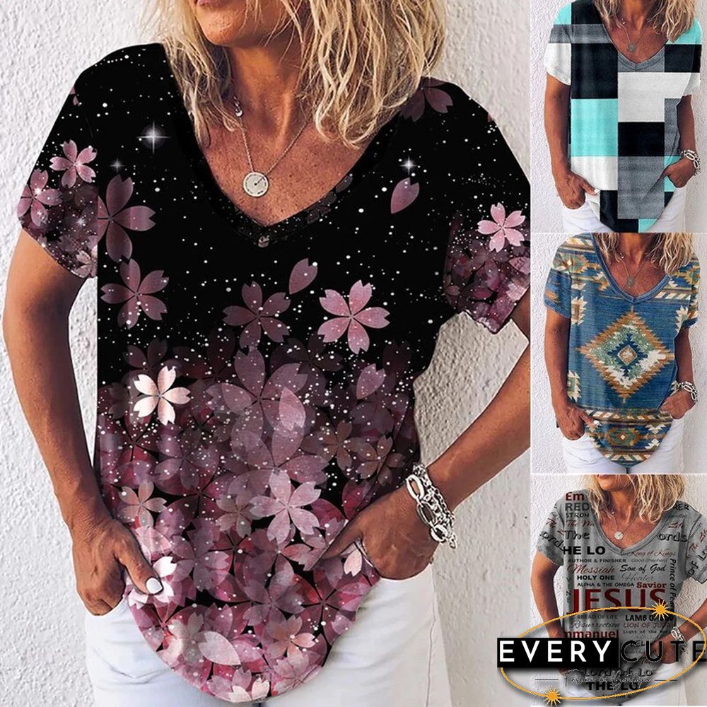 Harajuku T Shirt Women Spring/Summer New Fall Flower Mang Plant Print Short Sleeve V-Neck T-Shirt Tops