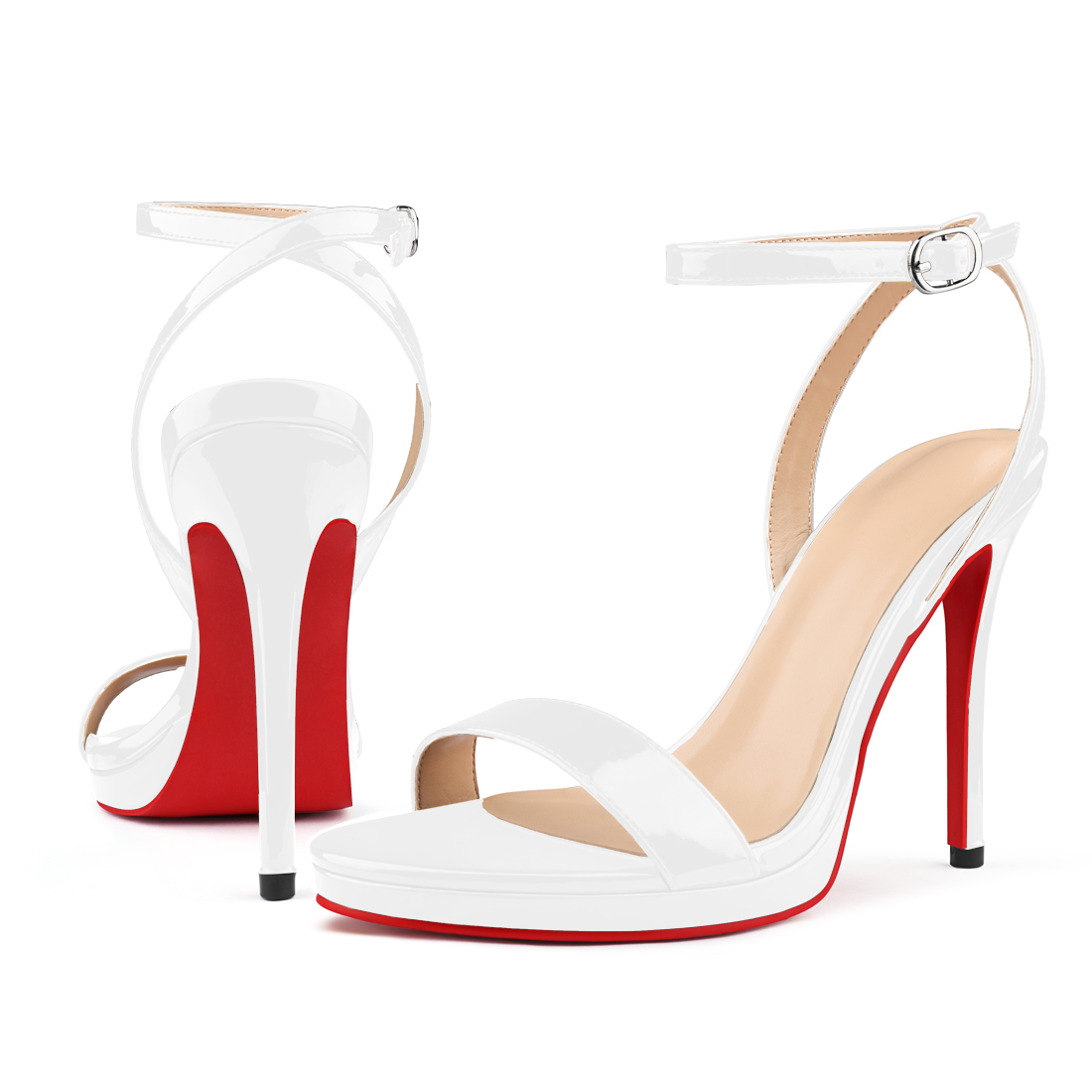 120mm Women's Low Platform Sandals Round Open Toe Red Bottom Ankle Straps Pumps-MERUMOTE