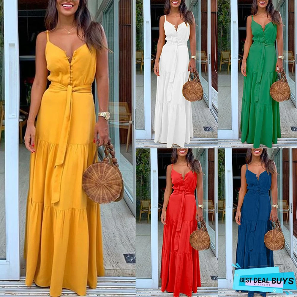 Fashion Women's Temperament Button V-Neck Sleeveless Suspender Dress White Dresses