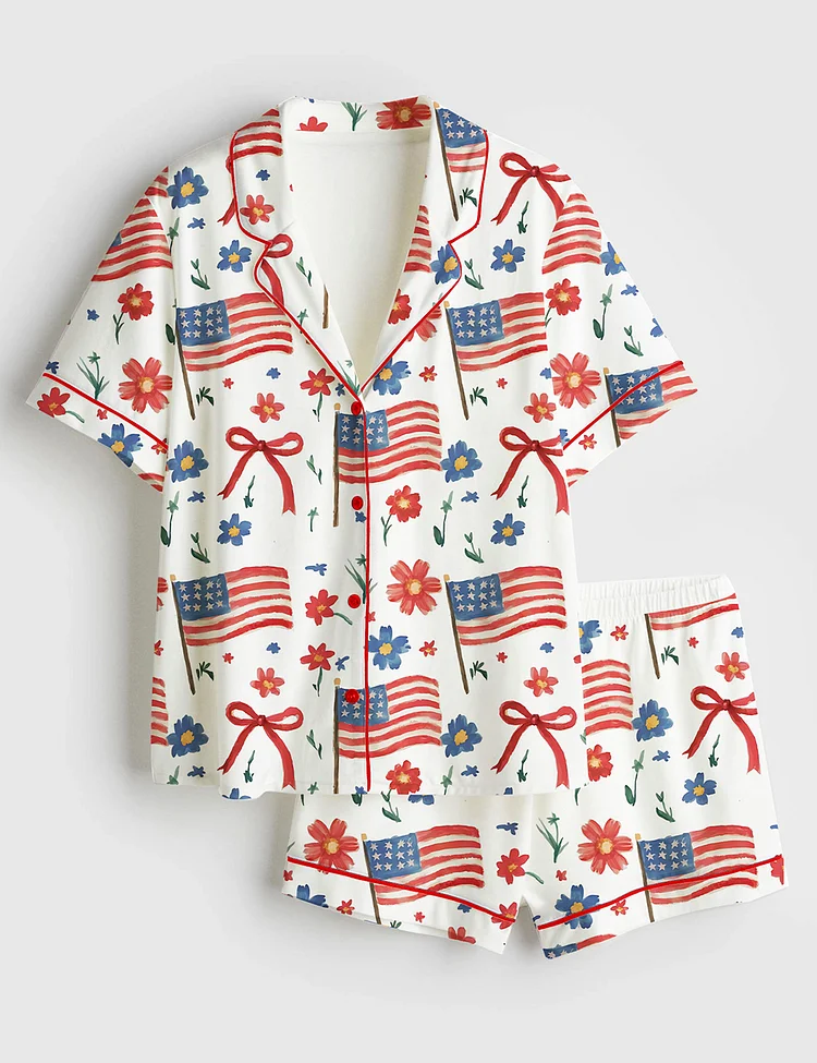 Women&rsquo;s American Flag Coquette Bow 4th Of July USA Patriotic Print Short Sleeve Satin Pajama Set
