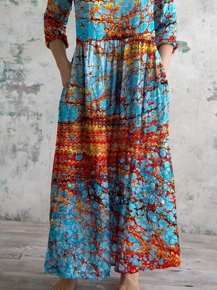 Women's Abstract Art Fluid Pattern V Neck Cotton and Linen Dress With Pockets