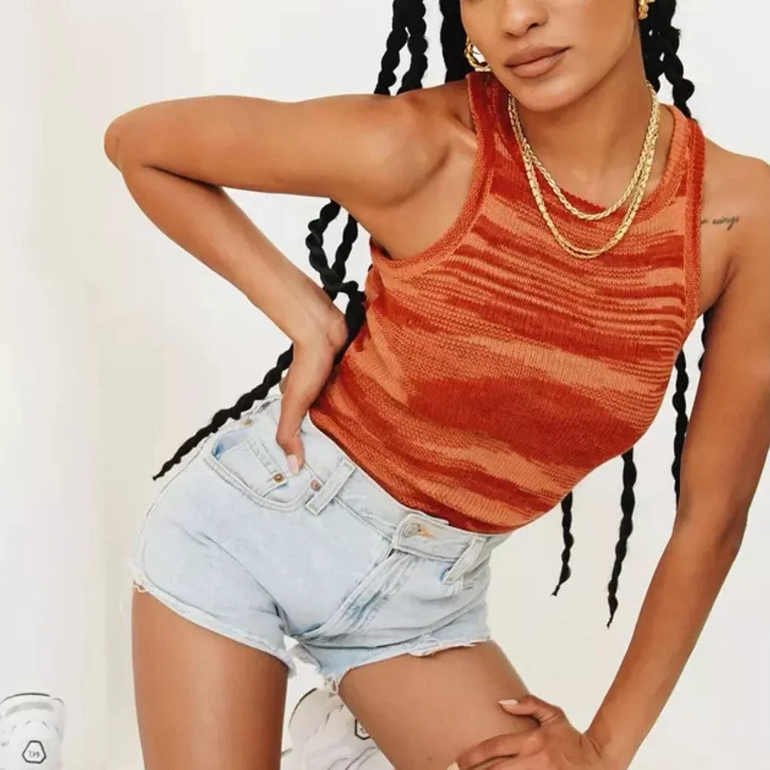2021 Knit Tank Tops Women Sleeveless Y2K Crop T Shirts Casual Summer Off Shoulder Top Tie Dye Cute T-Shirts O Neck Vintage Tees