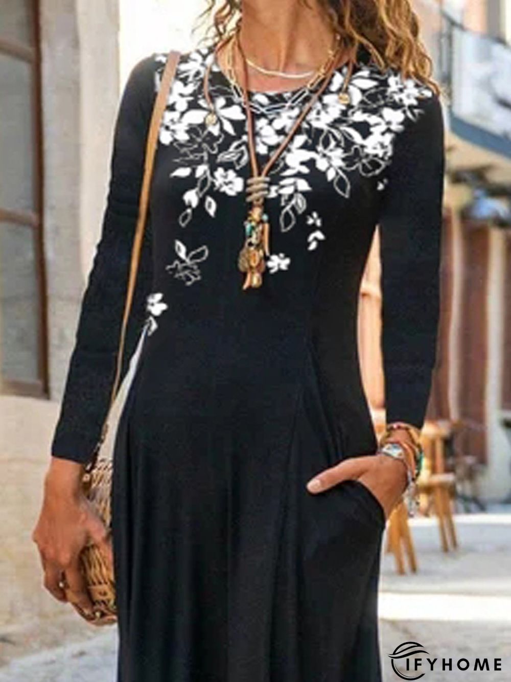Daily Casual Printed Circular Neck Long Sleeve Dress | IFYHOME