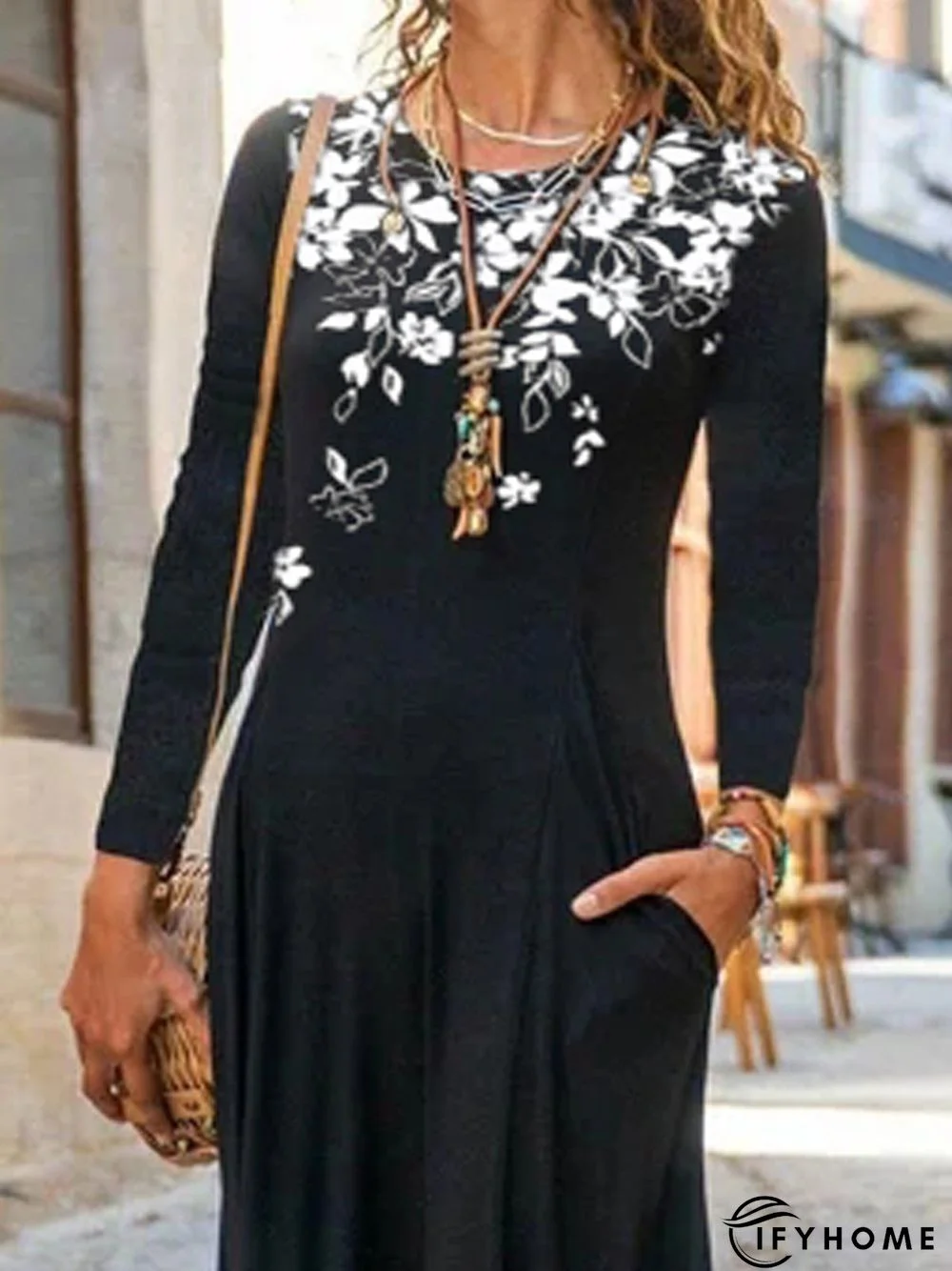 Daily Casual Printed Circular Neck Long Sleeve Dress | IFYHOME