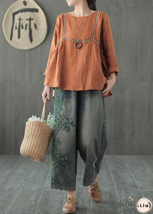 Vintage Blue Embroideried Cotton Ripped&nbsp;Jeans Pants Fall