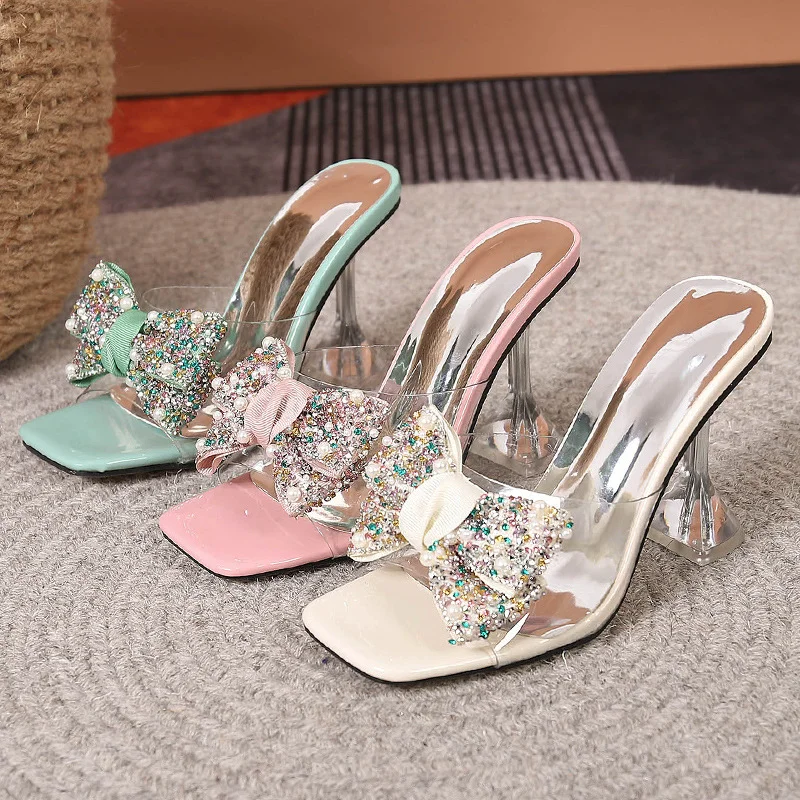 Wongn Wongn Glass With Square Head High Heel One-Line Drag Sandals Fashion Party Show Sexy Women's Shoes
