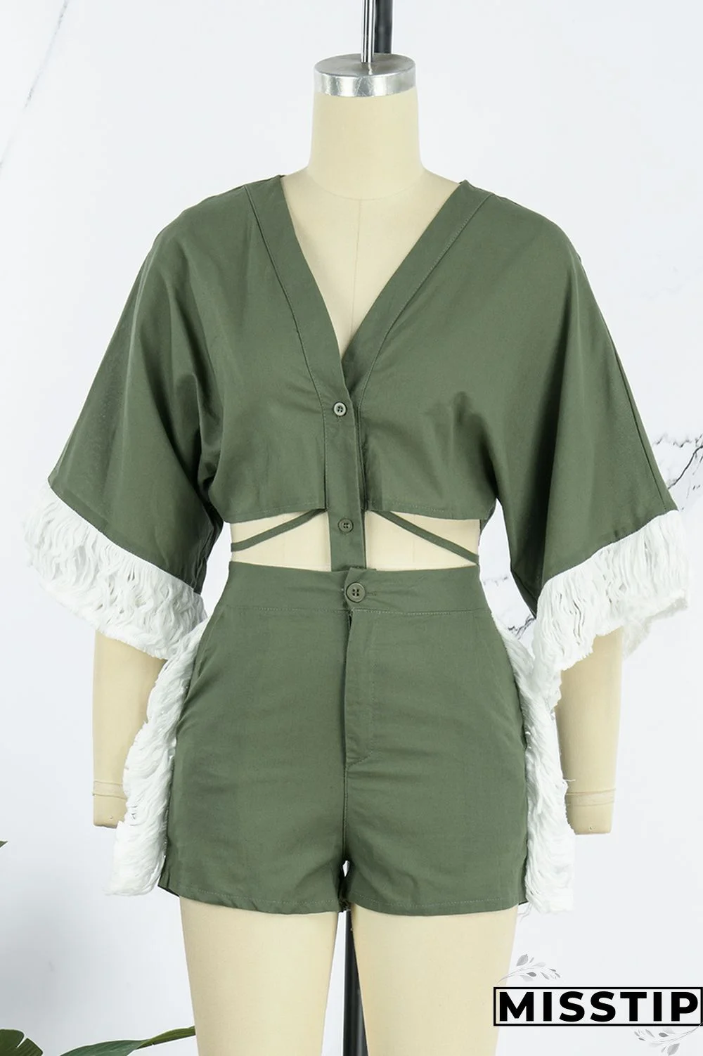 Ink Green Casual Solid Tassel Patchwork V Neck Half Sleeve Two Pieces