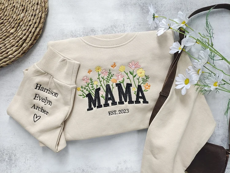 Custom Mama Embroidered Floral Sweatshirt,Custom Mama Crewneck With Kids Names