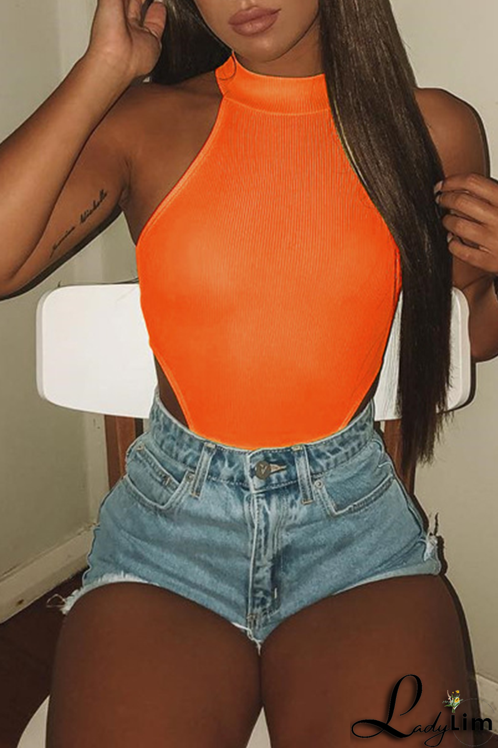Tangerine Red Sexy Solid Split Joint O Neck Skinny Jumpsuits