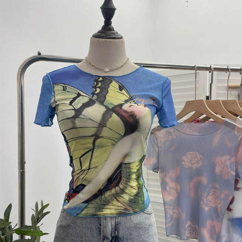 Uveng Single-Layer Thin Mesh Tie-Dye-Repair Short-Sleeved T-Shirt For Girls Summer Short-Sleeved Hottie Top 9917
