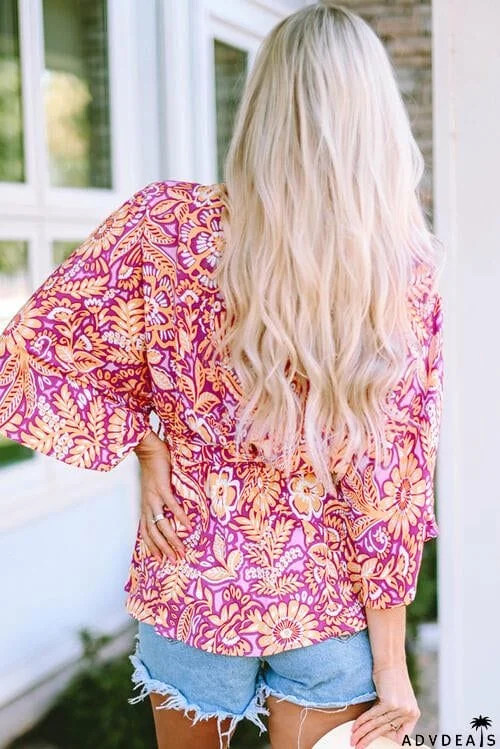 Floral V-Neck Tie Front Ruffled Blouse