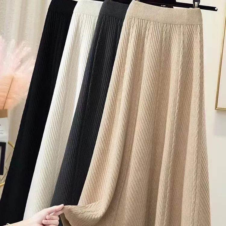Churchf Churchf Autumn / Winter High Waist A Word Hip Blocking Skirt Shows Thin Skirt Pleated Umbrella Skirt Long Knit Skirt Woman