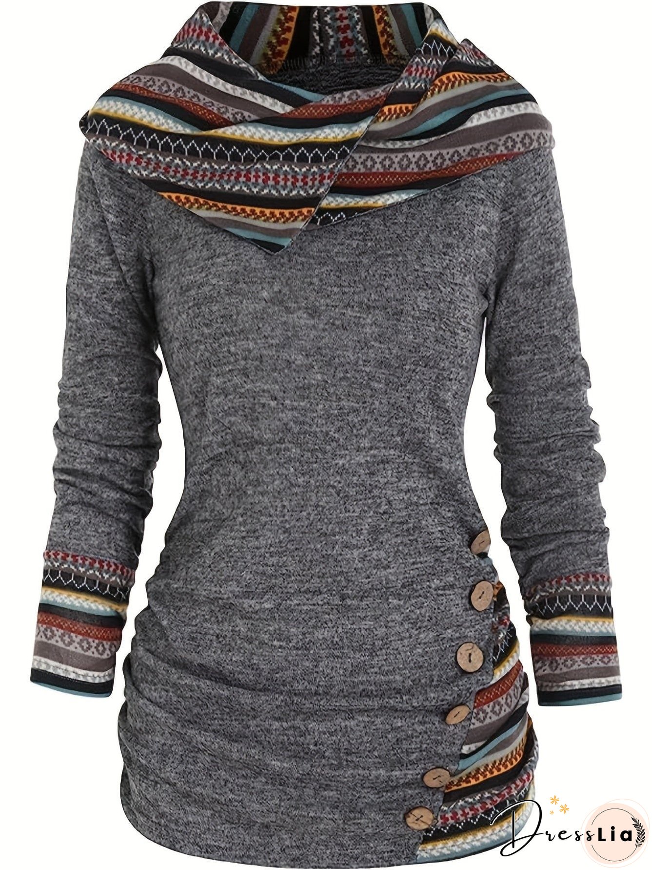 Casual Stripe Splicing Button Decor Long Sleeve Hoodie