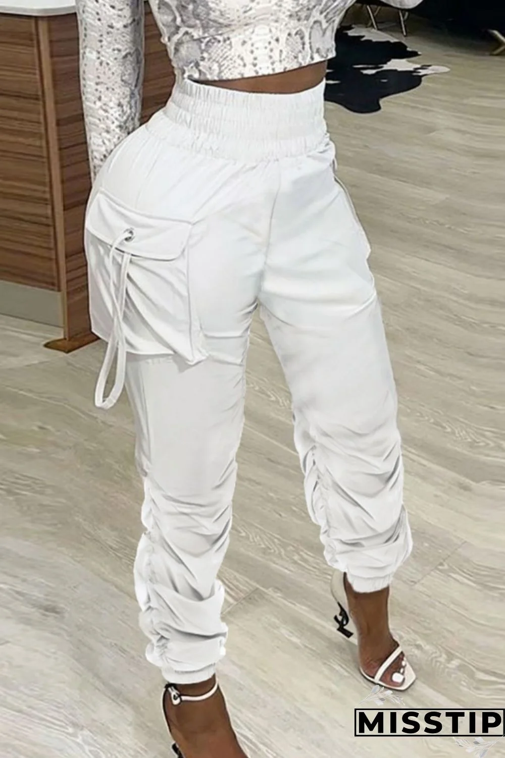 White Casual Solid Patchwork Regular High Waist Conventional Solid Color Trousers