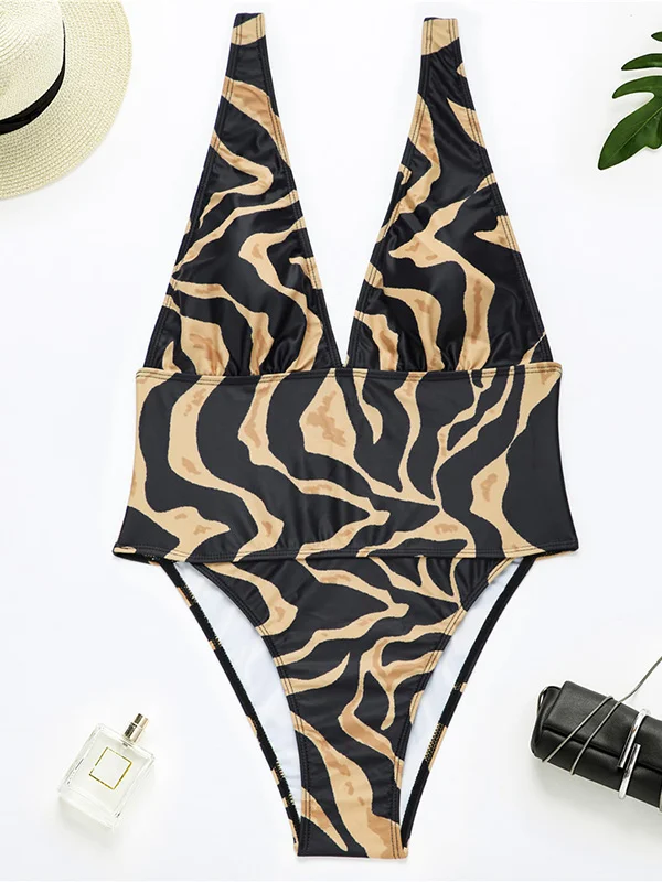 Tiger-Printed Plunging Backless One-Piece Swimwear