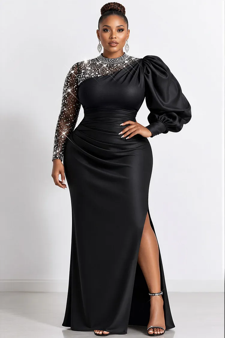 Xpluswear Design Plus Size Formal Black Round Neck Lantern Sleeve Long Sleeve Drilling Split Satin Maxi Dresses [Pre-Order] 2024 - Xpluswear