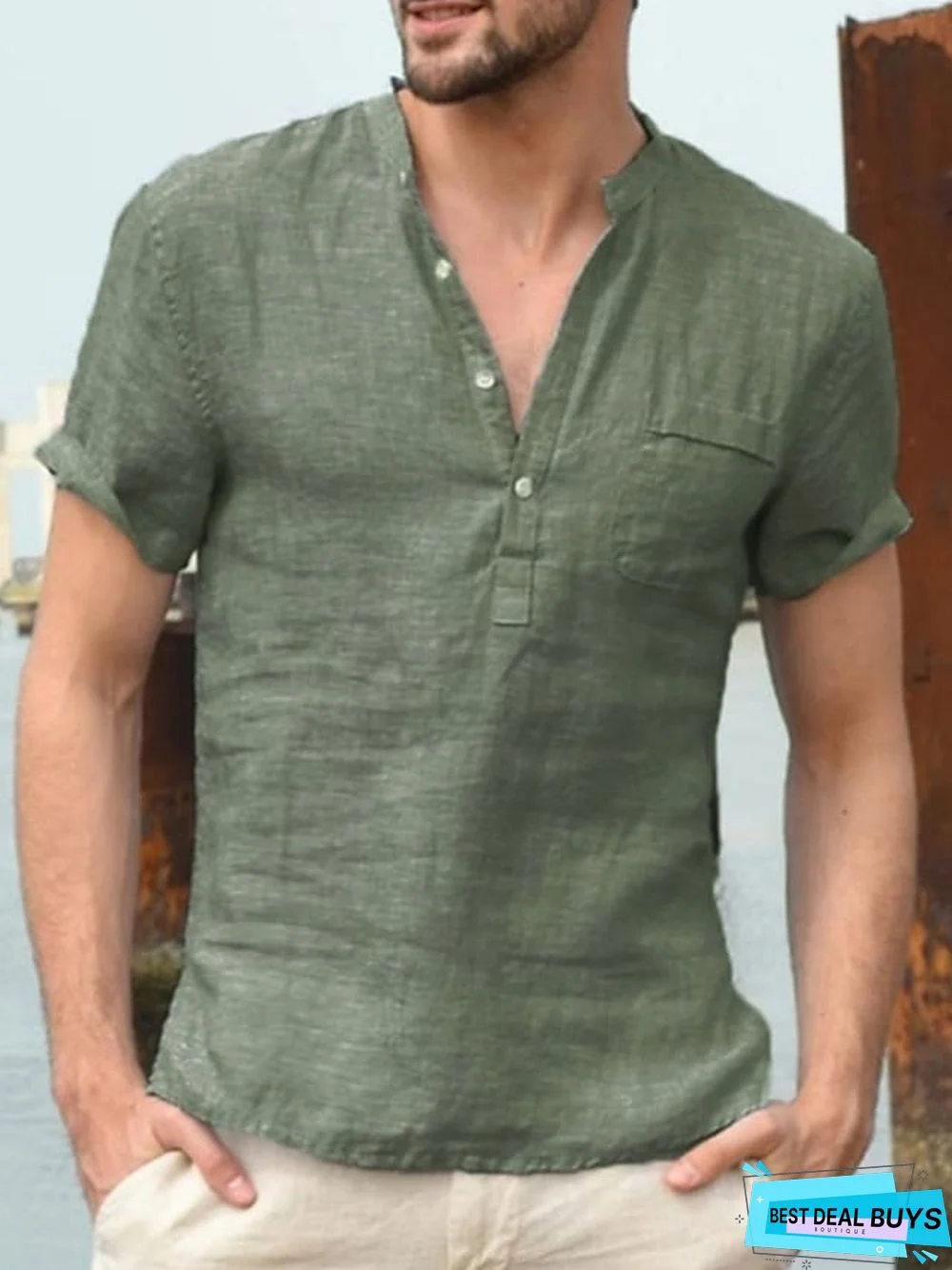 Men's T-Shirt Solid Colored Short Sleeve Daily Tops Cotton Basic Streetwear V Neck Gray Green White / Work Linen