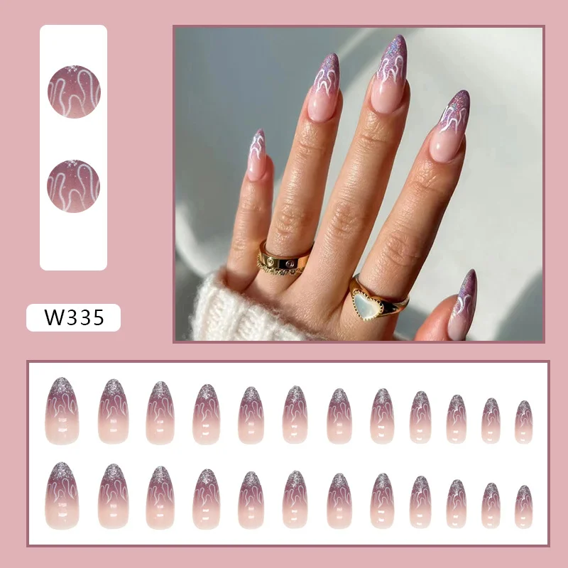 Churchf Churchf Ins Wind Flash Almond Nail Purple Gradient Flame Pattern Wearing Nail Finished Fake Nails