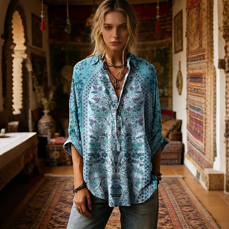 Comstylish Women's Retro Ethnic Floral Pattern Art Print Casual Long-sleeved Shirt