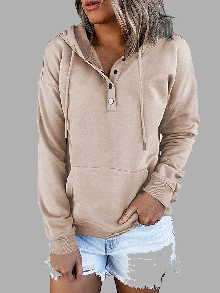 Women's Button Solid Color V-neck Long Sleeve Top