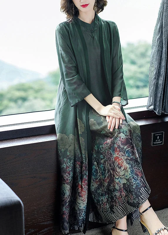 Blackish Green Print Silk Cardigans And Long Dress Two Pieces Set Button