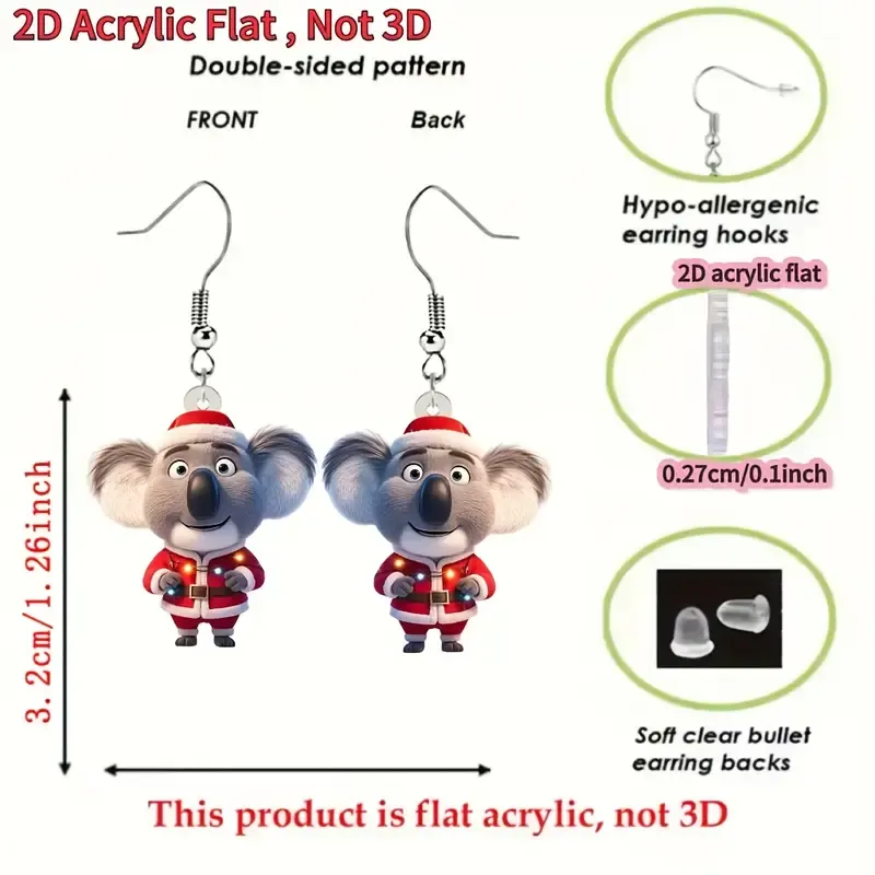 2d flat 1 pair cute koala christmas earrings 2d Acrylicflat design with santa hats red outfits lightweight jewelry for women christmas gift for her year round wear monkey earring cigarette earring novelty earring earring for women earring for women stylish jewellery for women unusual earring hanging earring for women 3