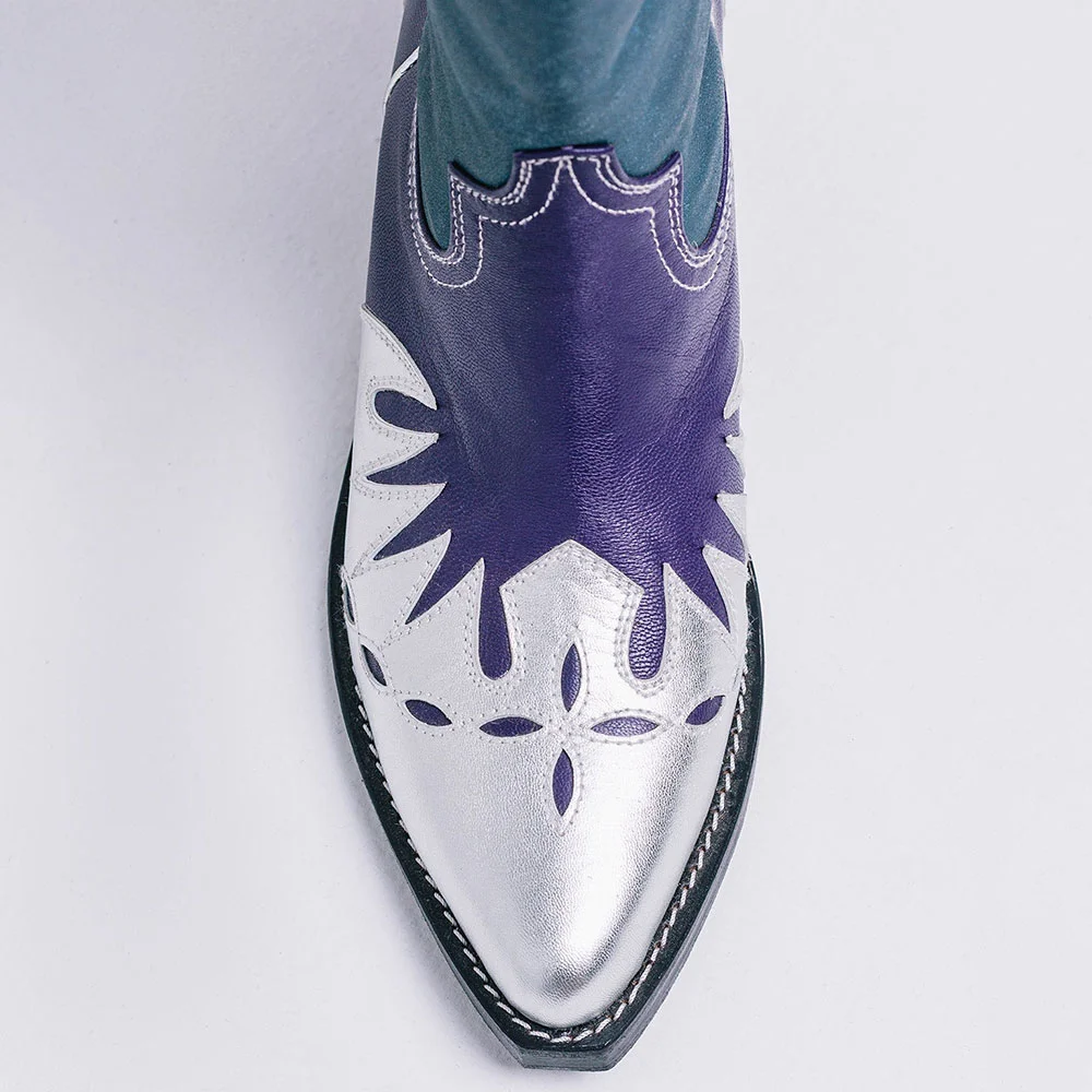 Multicolor Patchwork Pointed Toe Chunky Heel Cowgirl Boots for Women