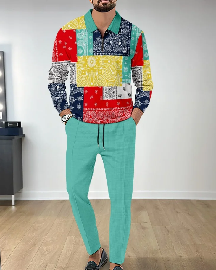 Men's Casual Colorblock Personalized Long Sleeve Polo Shirt Set 135