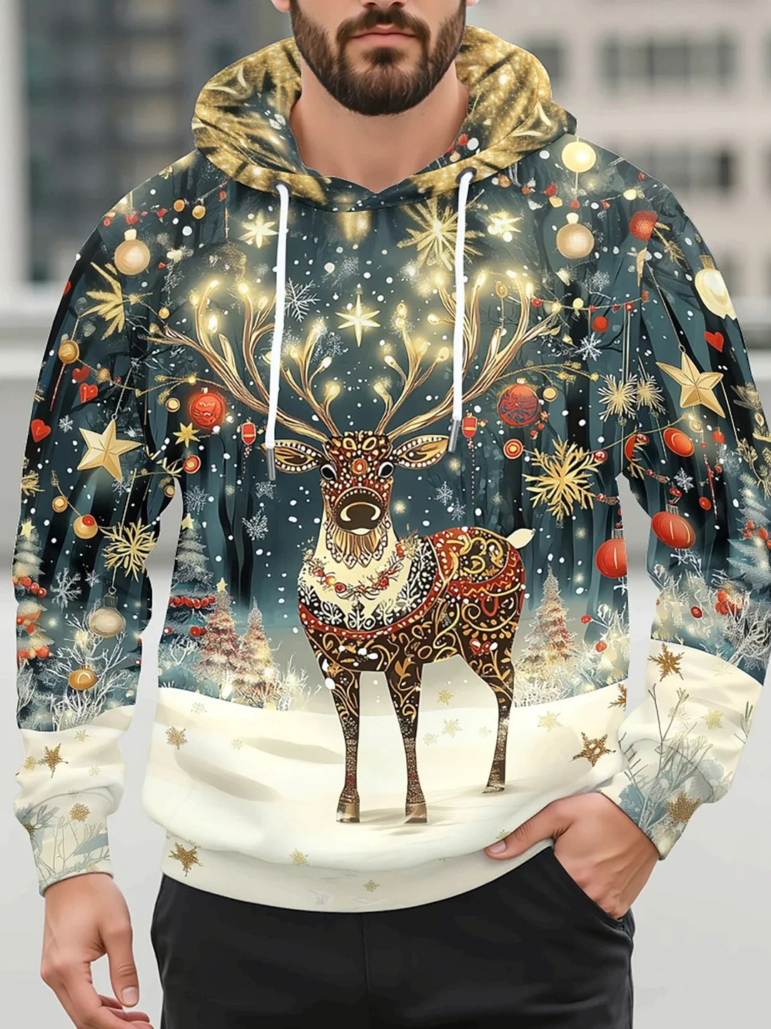 Men's Casual Sports Christmas Reindeer Series 3D Digital Printed Hooded Pullover