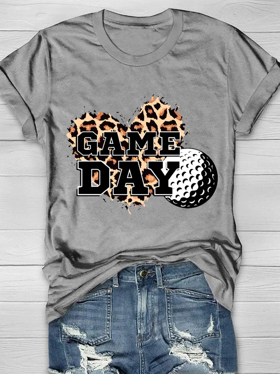 Game Day Golf Leopard Heart Print Short Sleeve T-Shirt