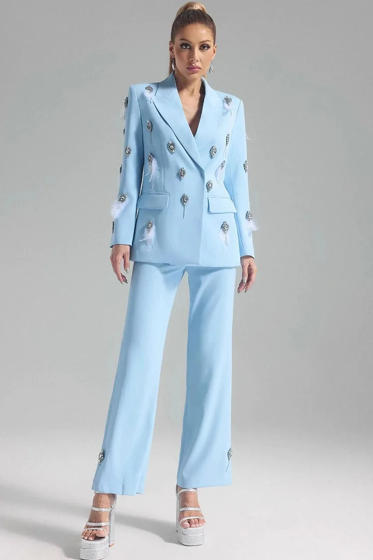Rhinestone Feather Blazer Two Piece Pant Suit-Sky Blue