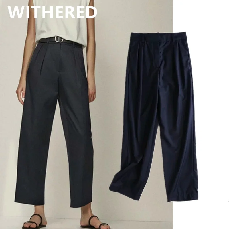 Christmas Gift Withered england simple fashion navy pleated casual ankle suit pants women pantalones mujer pantalon femme trousers women sets