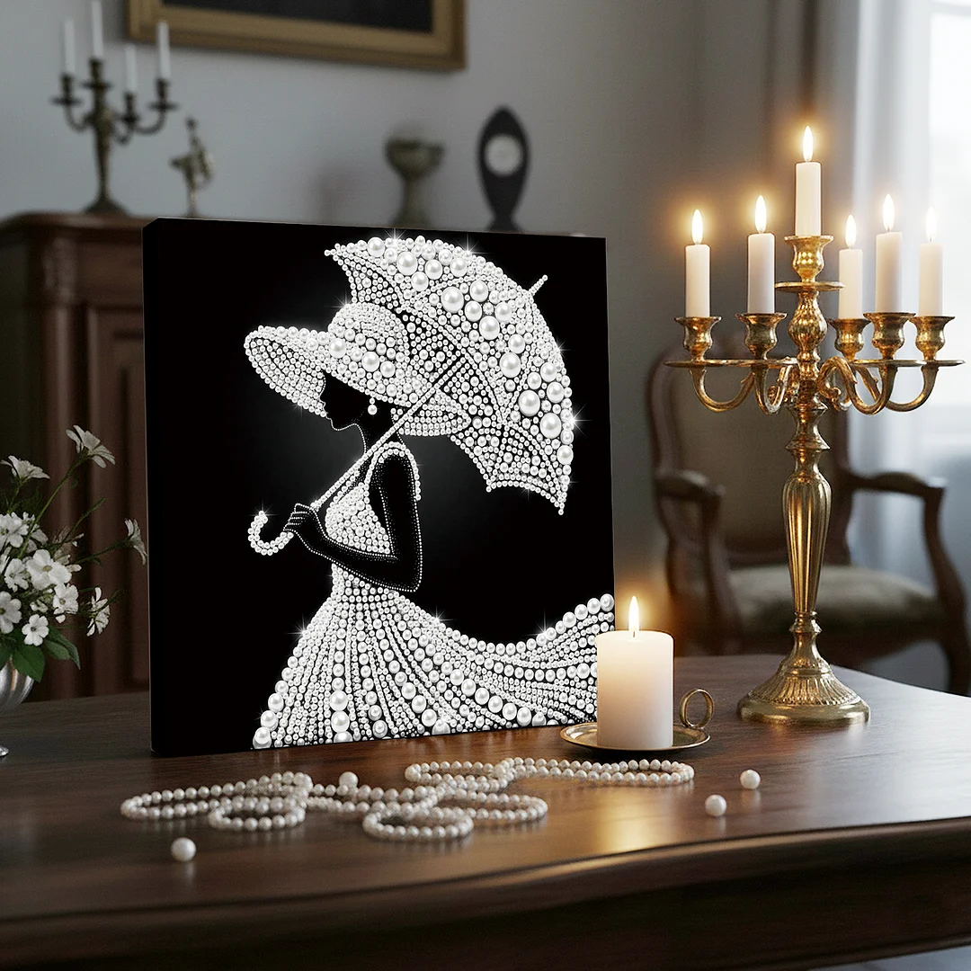The Wealthy Lady With An Umbrella - DIY Pearl Diamond Art Kit With Frame 25*25cm