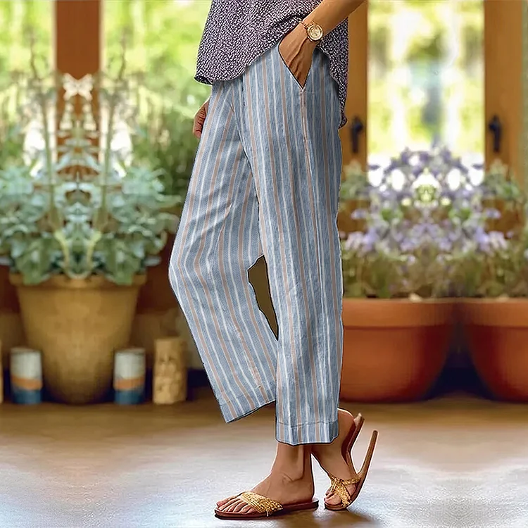 Simpfit Blaue und weiße Overlay-Streifen-Freizeithose aus Leinen für Damen