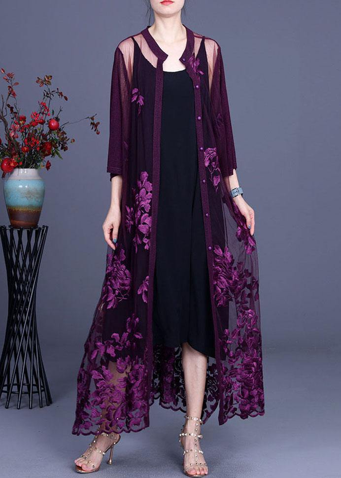 VCSHOES Purple tulle Embroideried Cardigans Two Piece Set Women Clothing