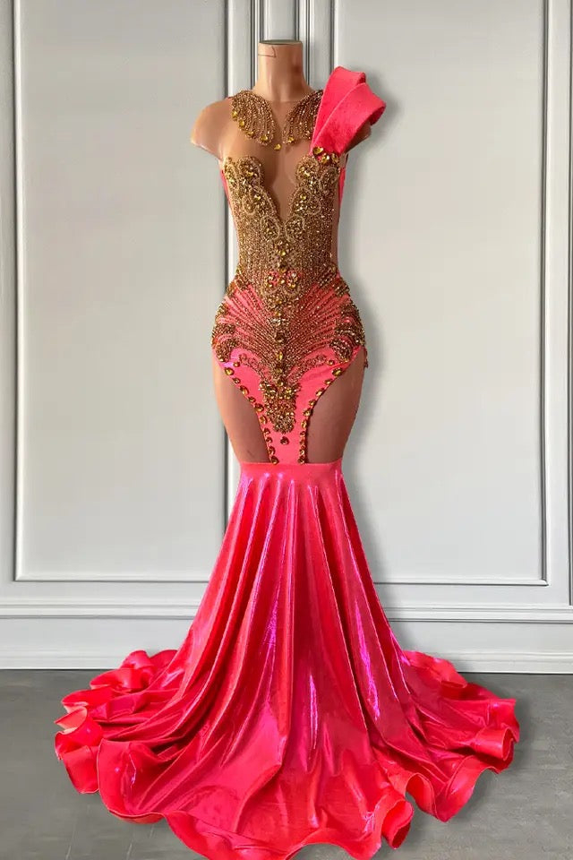 Classy Hot Pink Mermaid Evening Dress Long With Beadings - lulusllly