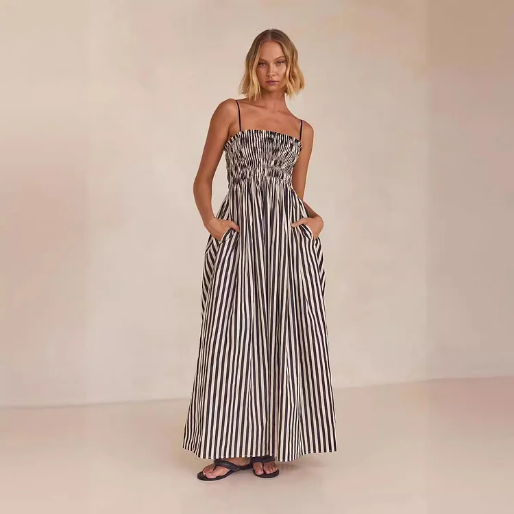 Striped Printed Rubber Band Large Swing Pocket Sling Dress