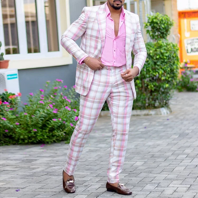 BrosWear Fashion Pink Plaid Print Blazer And Pants Co-Ord