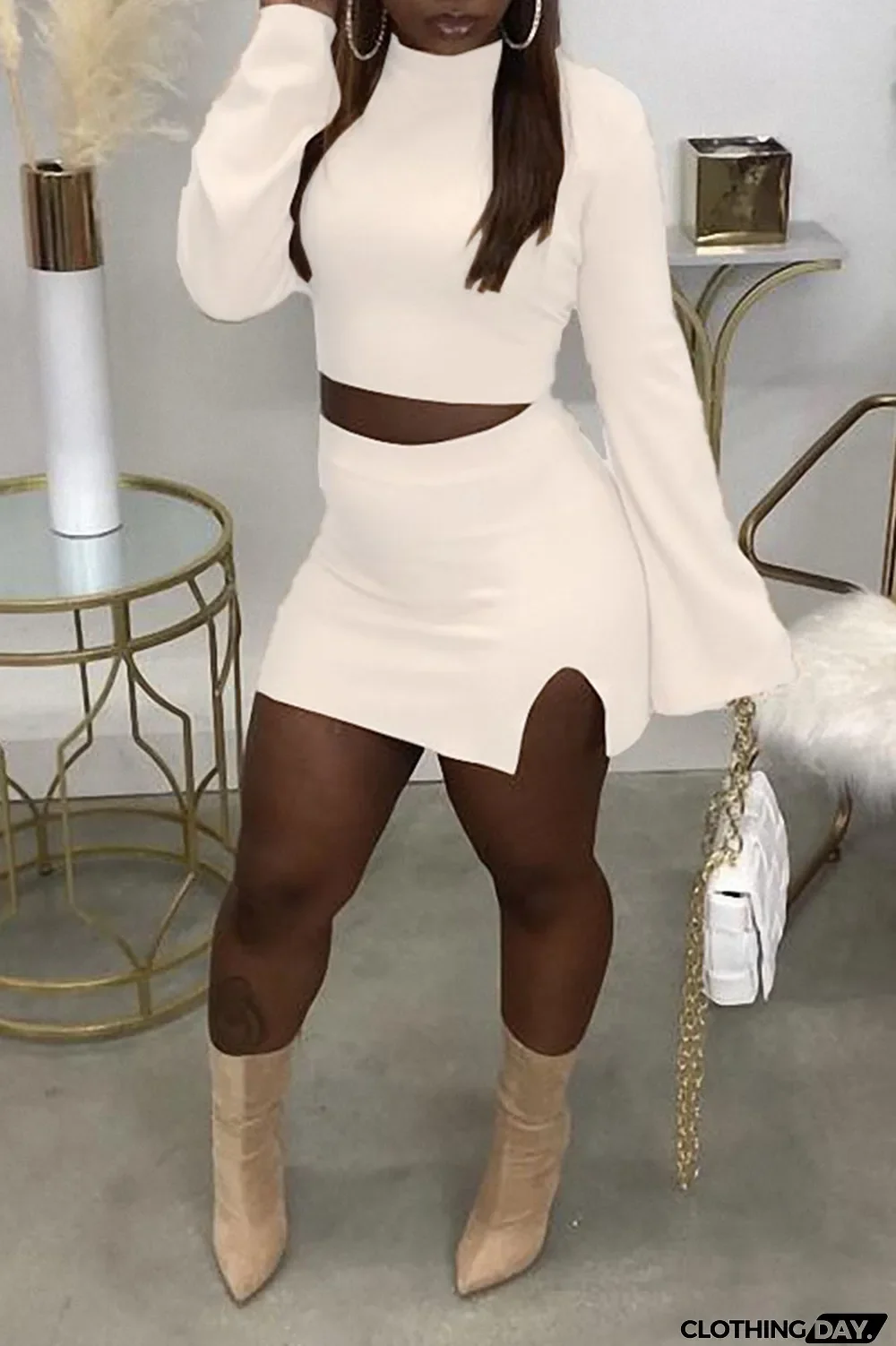 Light Green Casual Solid Split Joint Slit Half A Turtleneck Long Sleeve Two Pieces