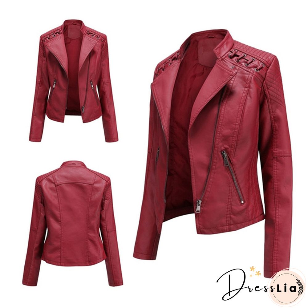 Ladies Fashion Spring and Autumn Short Slim Thin Leather Jacket Motorcycle Suit