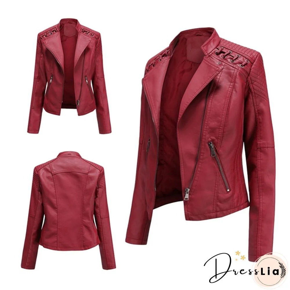 Ladies Fashion Spring and Autumn Short Slim Thin Leather Jacket Motorcycle Suit