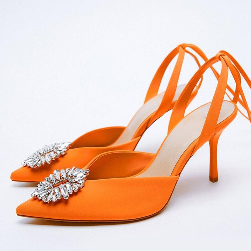 Tino Kino Women's Sandals Crystal Bling Sexy Party Shoes Thin Heels Ankle Strap Pointed Toe Ladies Pumps Silk Solid Female