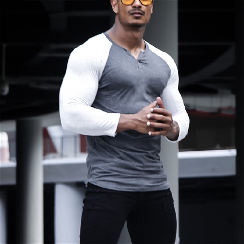 Men‘s Casual Color Matching Printing V Neck Long Sleeve T-Shirt