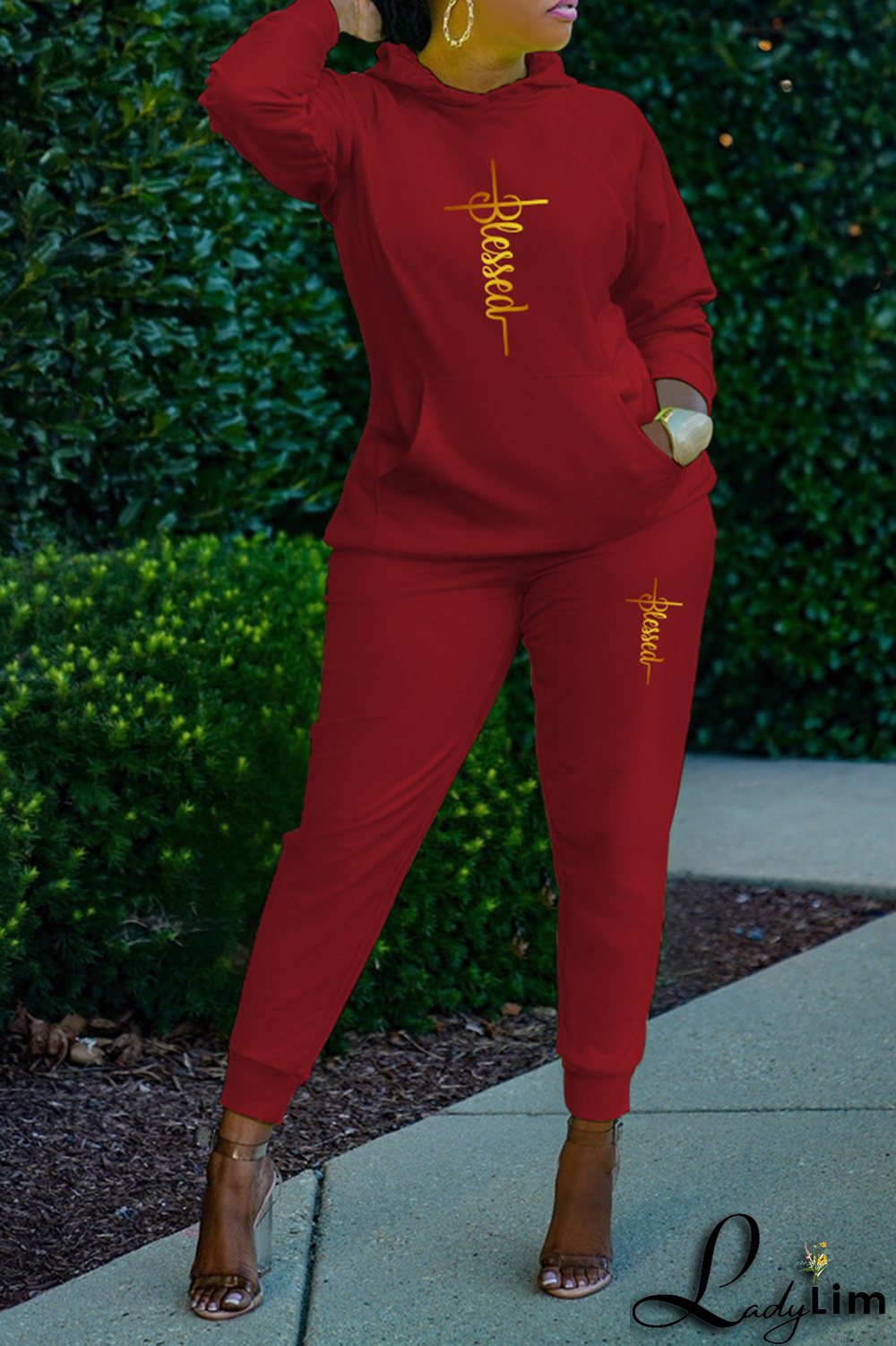 Black Fashion Print Patchwork Hooded Collar Long Sleeve Two Pieces